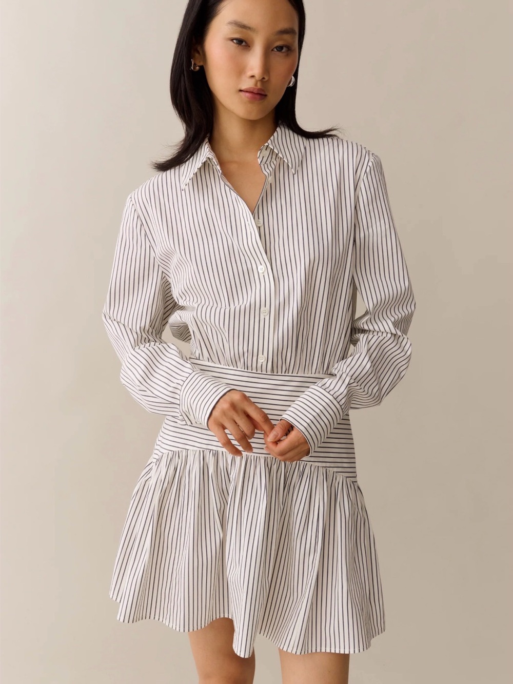 White and Black Striped Mini Shirt Dress